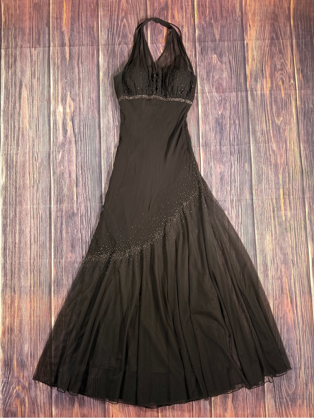 Vintage Y2K Silk Beaded Halter Maxi Dress Fairy Brown Gown Bias Cut Mermaid Prom